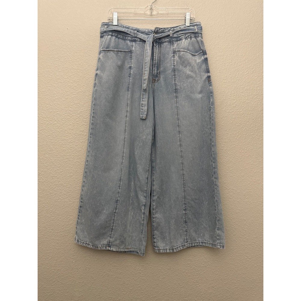 Kensie Jeans The Kaya High Rise Wide Leg Ankle Light Wash Belted Denim Size 12